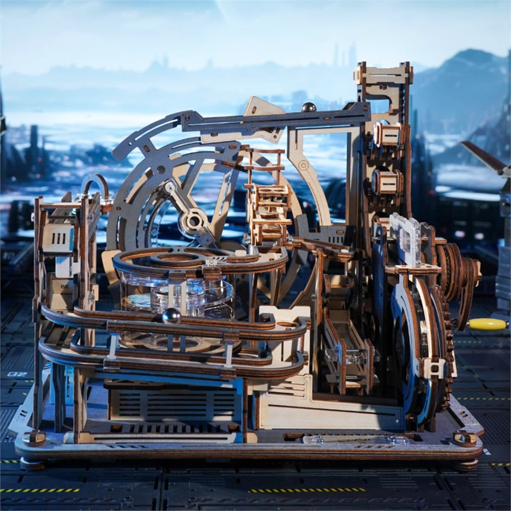 Front view of the ROKR Spaceport marble run module with layered wooden tracks