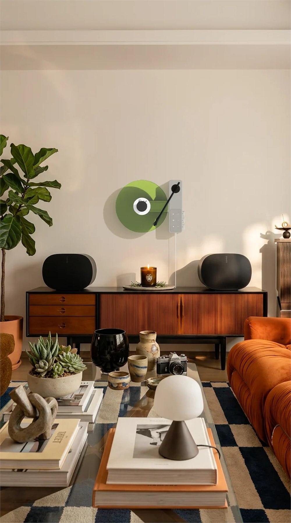 Ruka TD-1 vertical turntable in a room with wireless speaker setup