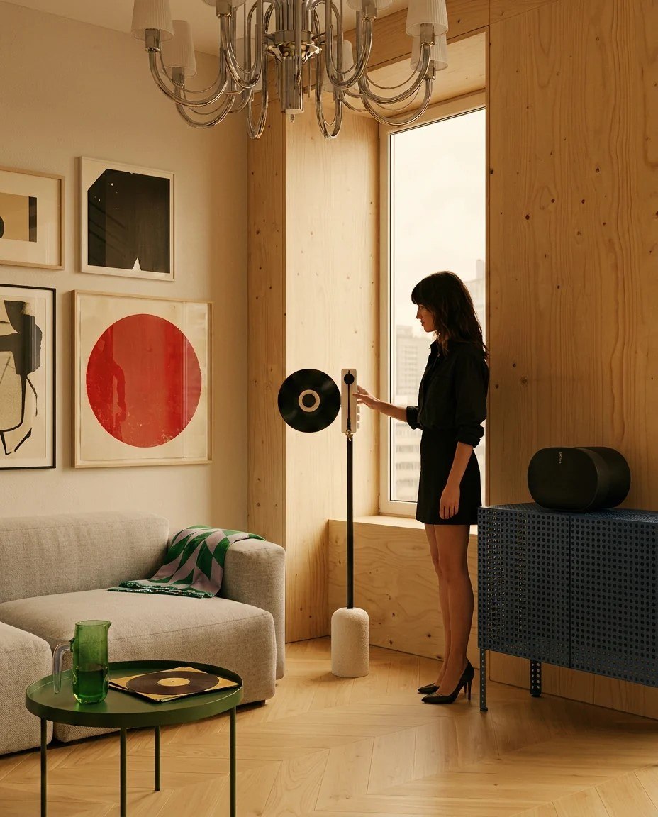 Ruka TD-1 vertical turntable displayed near a listening chair