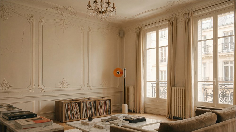 Ruka TD-1 vertical turntable displayed in a living room above a record shelf