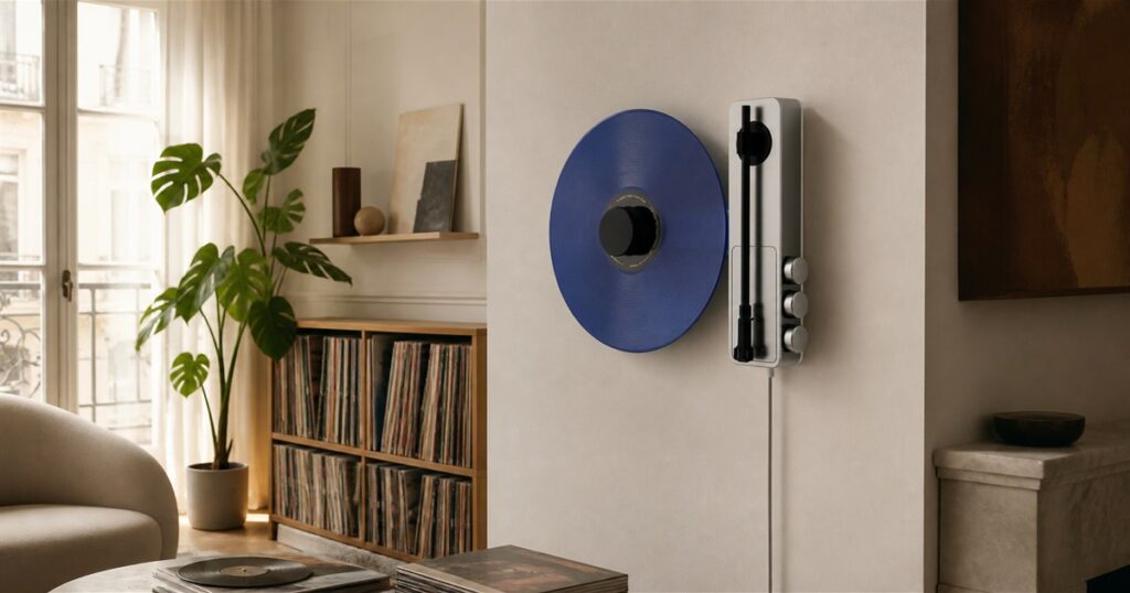 Ruka TD-1 vertical turntable mounted on a wall with a blue record playing upright
