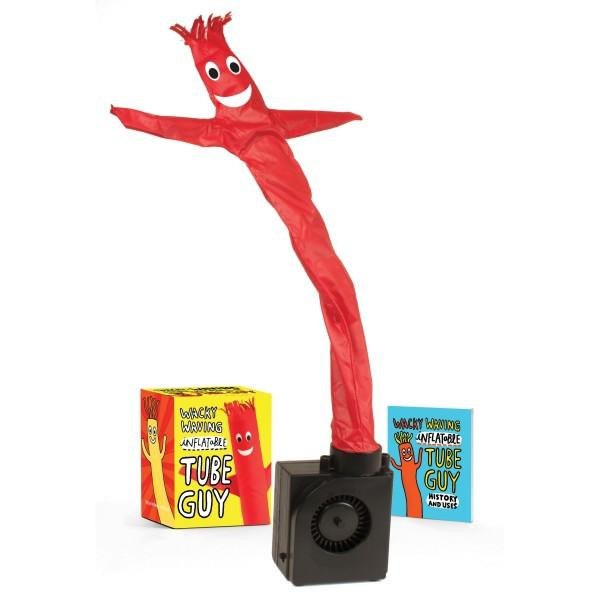 Mini red inflatable tube guy bending above its black fan base