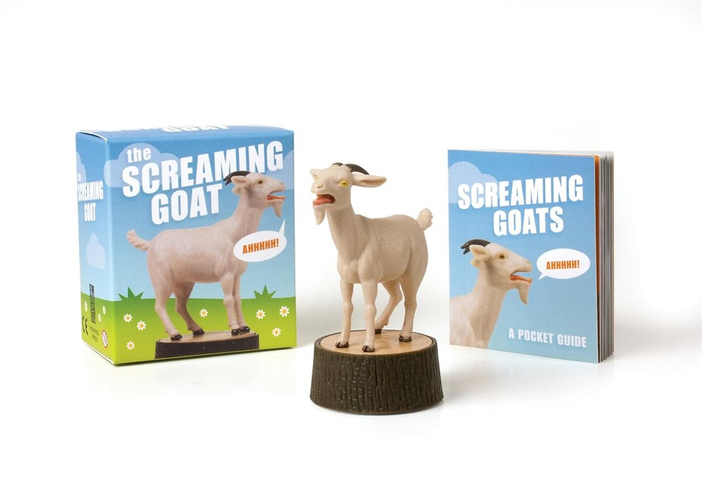 The Screaming Goat book and figure kit with goat figurine, box, and pocket guide