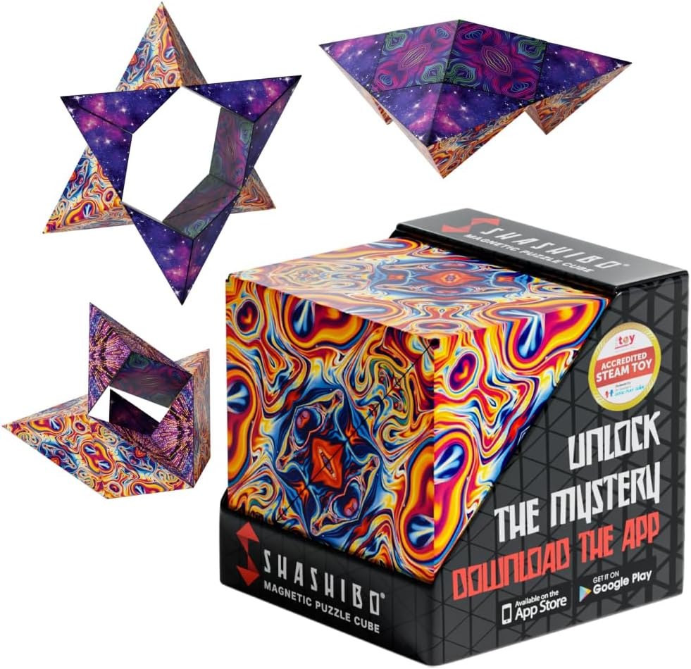 Shashibo DODECA magnetic shape-shifting puzzle cube shown beside its packaging