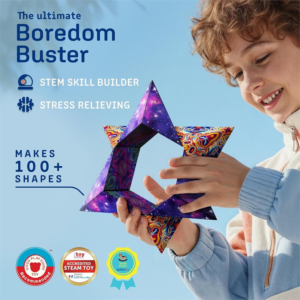 Child holding a Shashibo DODECA magnetic puzzle cube as a screen-free boredom buster