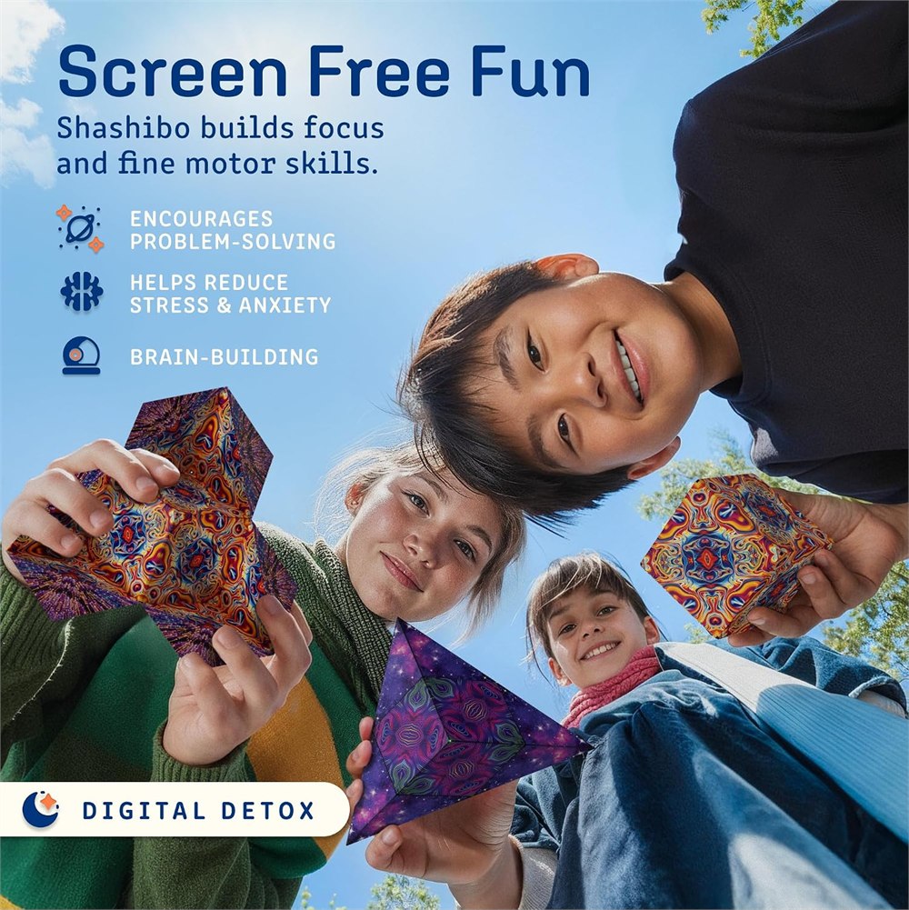 Kids holding Shashibo DODECA magnetic puzzle cubes for screen-free play