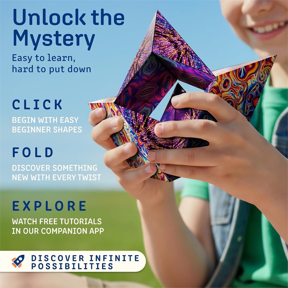 Hands folding the Shashibo DODECA puzzle cube into new geometric shapes
