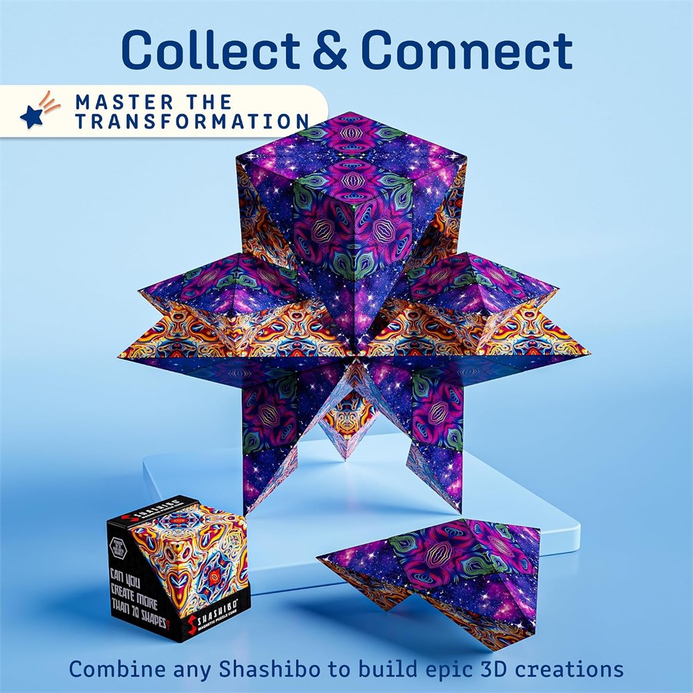 Multiple Shashibo magnetic puzzle cubes connected into a larger geometric build