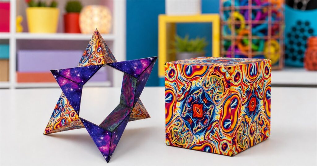 Colorful Shashibo DODECA magnetic puzzle cube folding into a geometric shape
