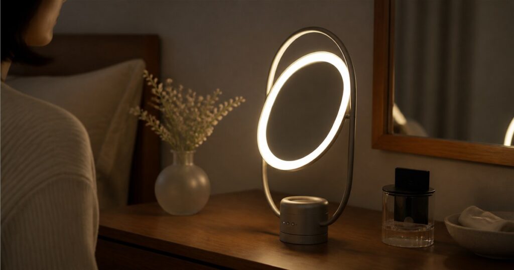SOL Style 3-in-1 luminous mirror diffuser glowing on a bedside table