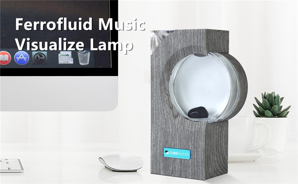 The ferrofluid music visualizer shown in a clean desk display scene with the glass chamber visible.