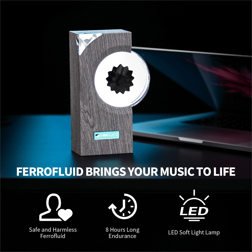 The product graphic showing the ferrofluid rhythm lamp as a music visualizer for a speaker setup.