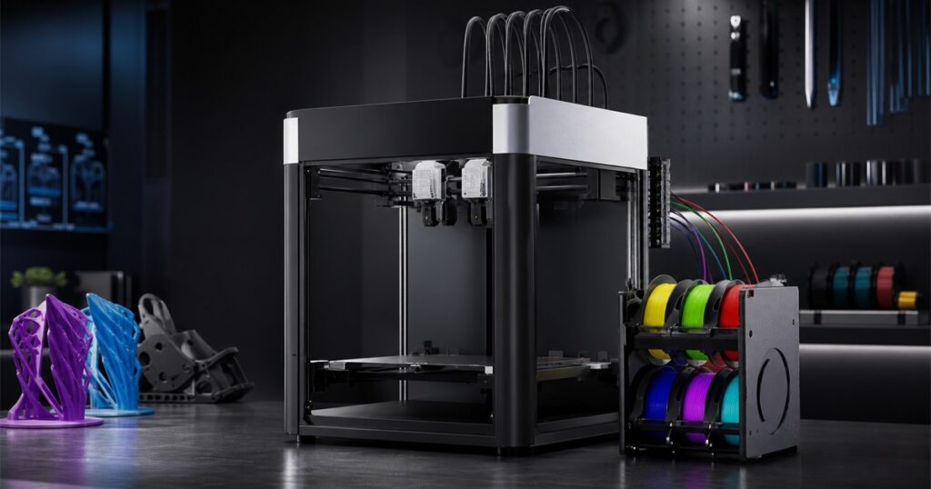 Generated no-text editorial image of the Sovol M1D IDEX tool-changing 3D printer