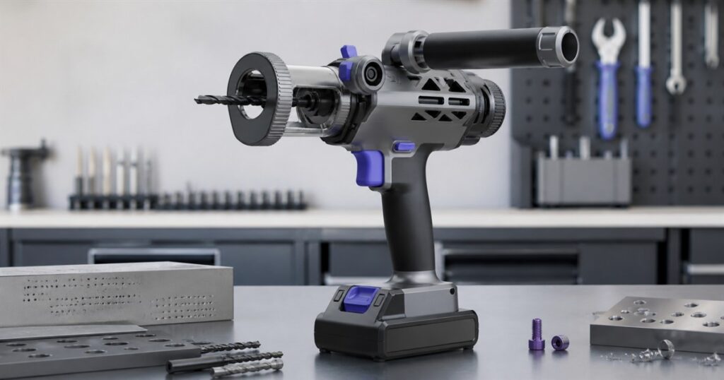 SPESYN ST3 handheld precision drill with guide rails on a workshop bench