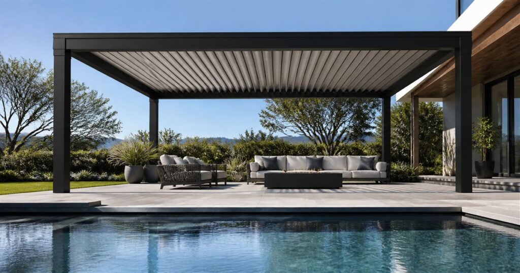 AI-generated product image of a StruXure-style motorized pergola louver roof over a modern patio