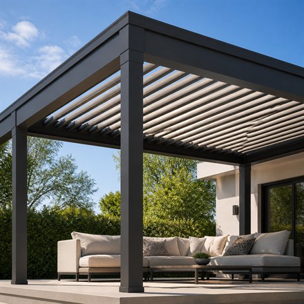 This Motorized Pergola Louver Closes Into a Flat Patio Ceiling