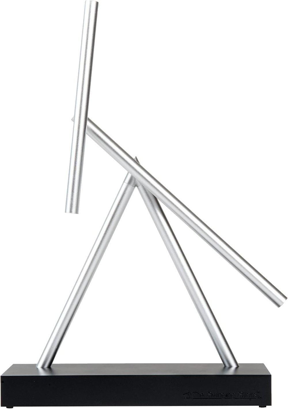 The Swinging Sticks kinetic energy sculpture with silver rods on a black base