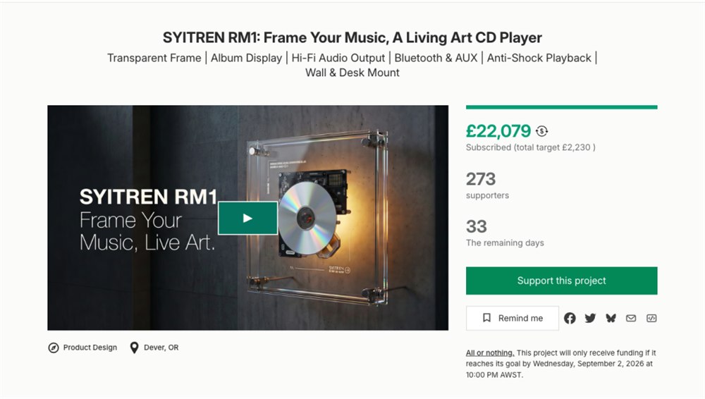SYITREN RM1 Kickstarter campaign preview showing the transparent CD player concept