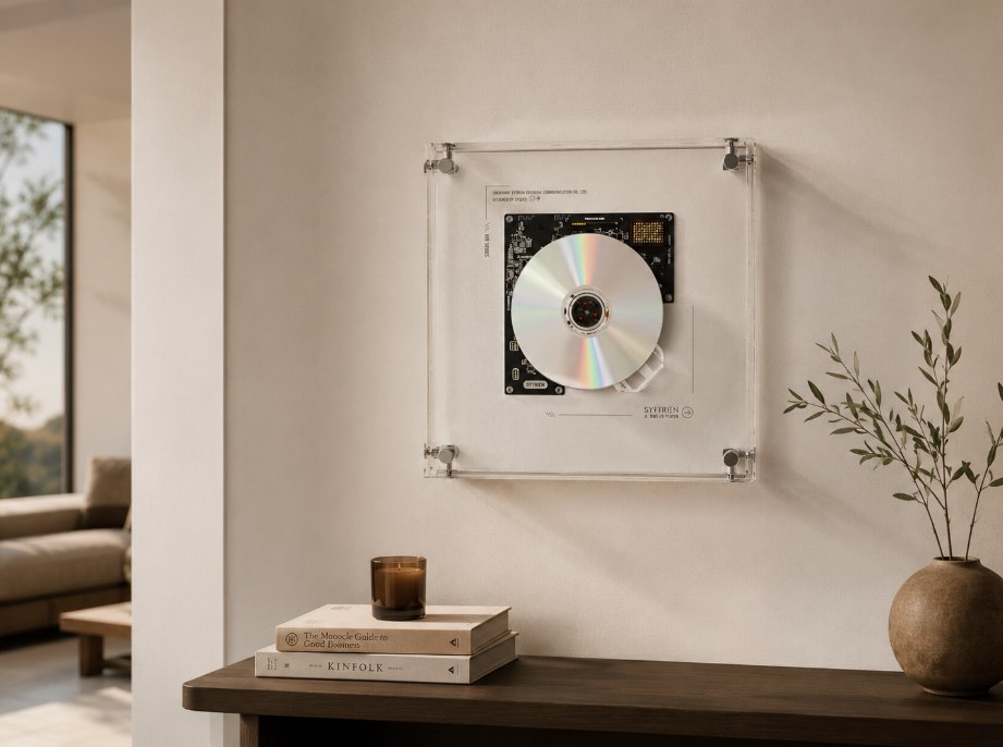 SYITREN RM1 wall-mounted transparent CD player in a modern room