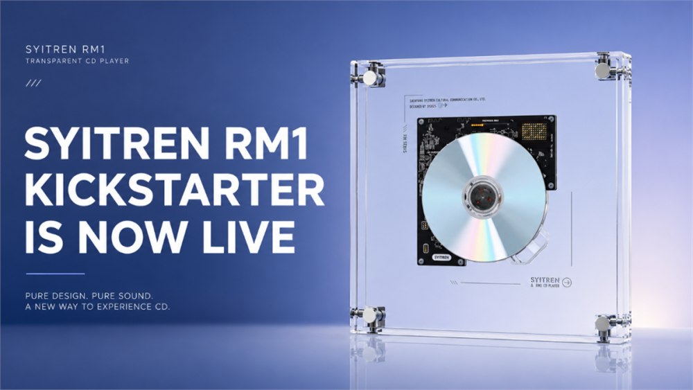 SYITREN RM1 Kickstarter launch graphic with the transparent CD player