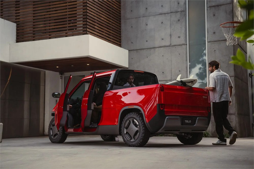 TELO MT1 compact electric pickup with its expanded bed visible