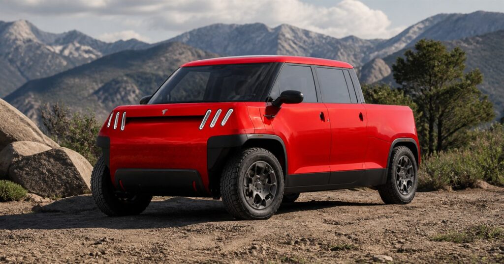 TELO MT1 compact red electric pickup in an outdoor setting