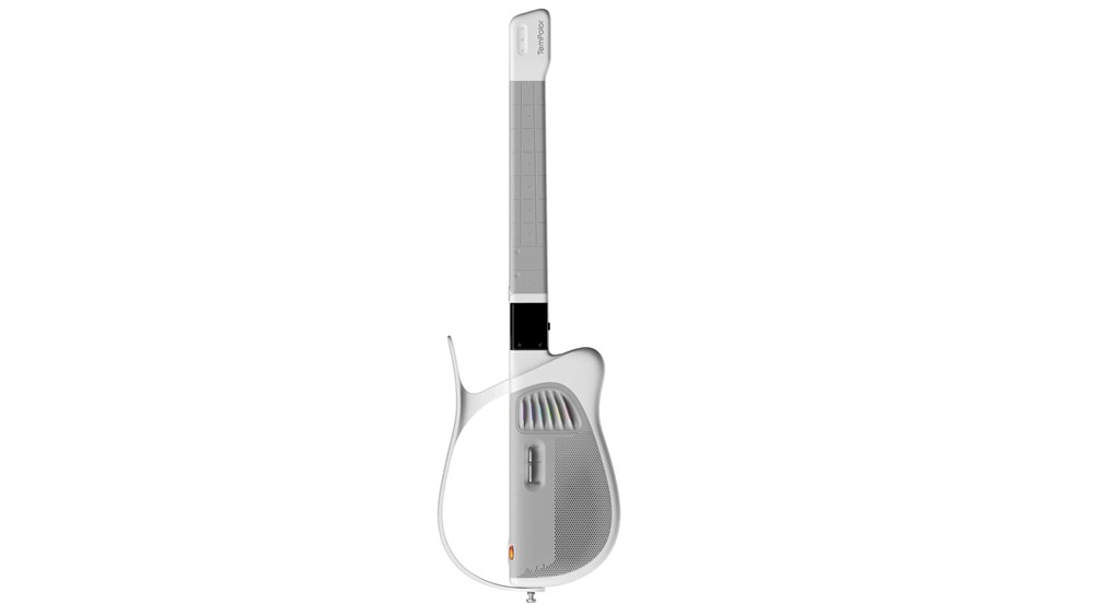 Pearl White TemPolor Melo-D smart guitar standing upright