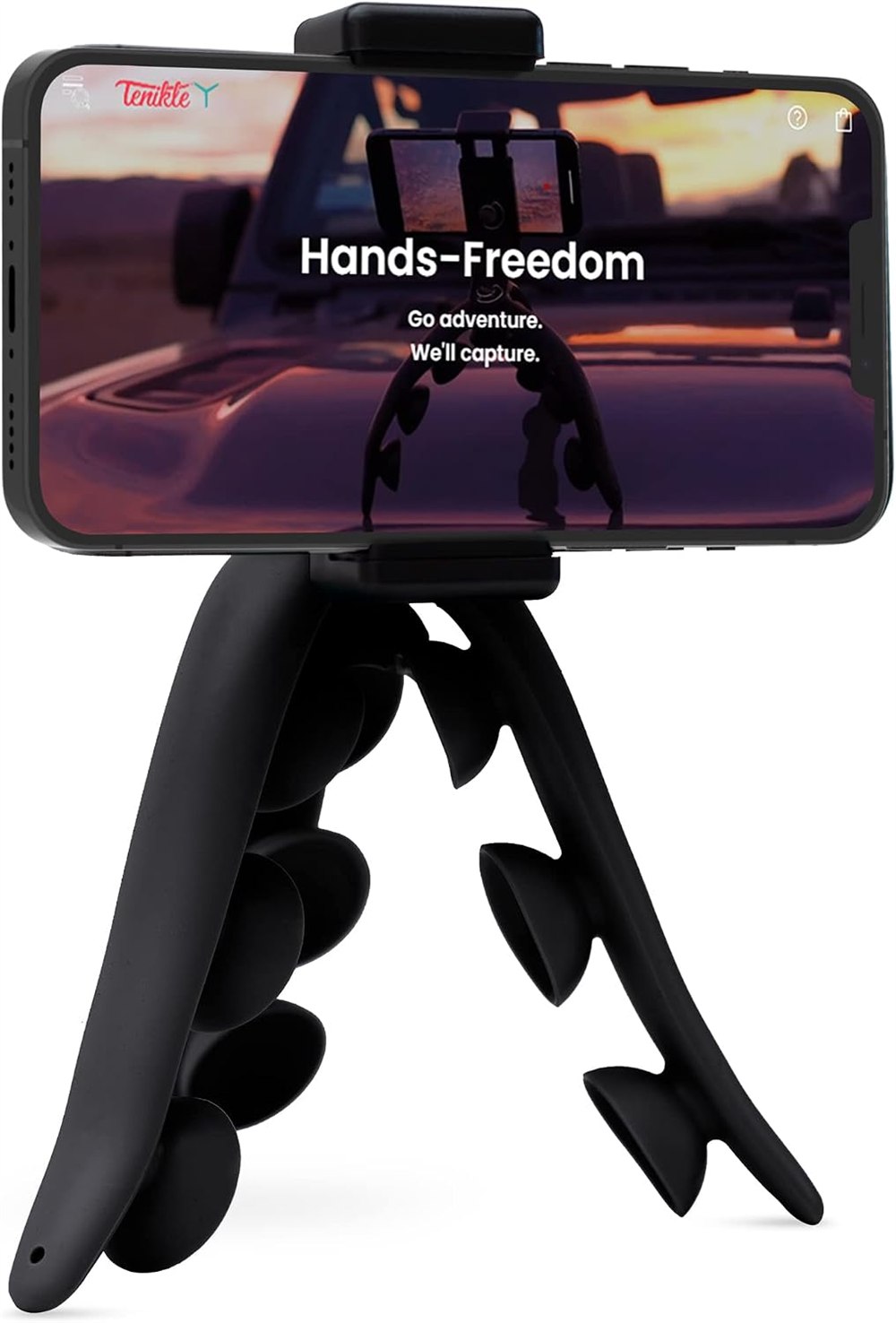 Tenikle 360 black flexible suction cup tripod holding a phone
