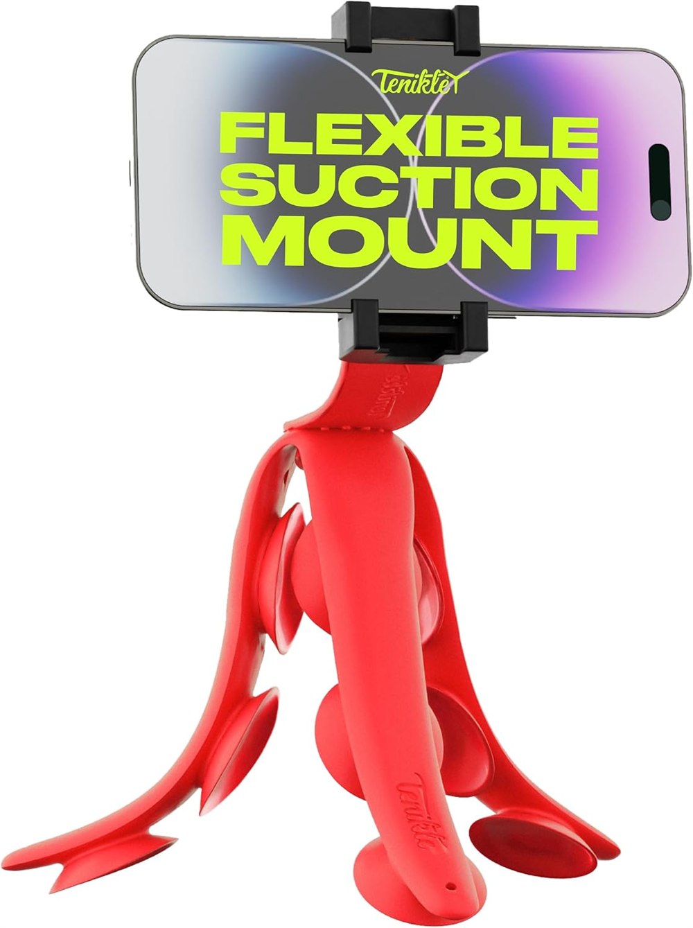 Red Tenikle 360 flexible suction mount holding a smartphone
