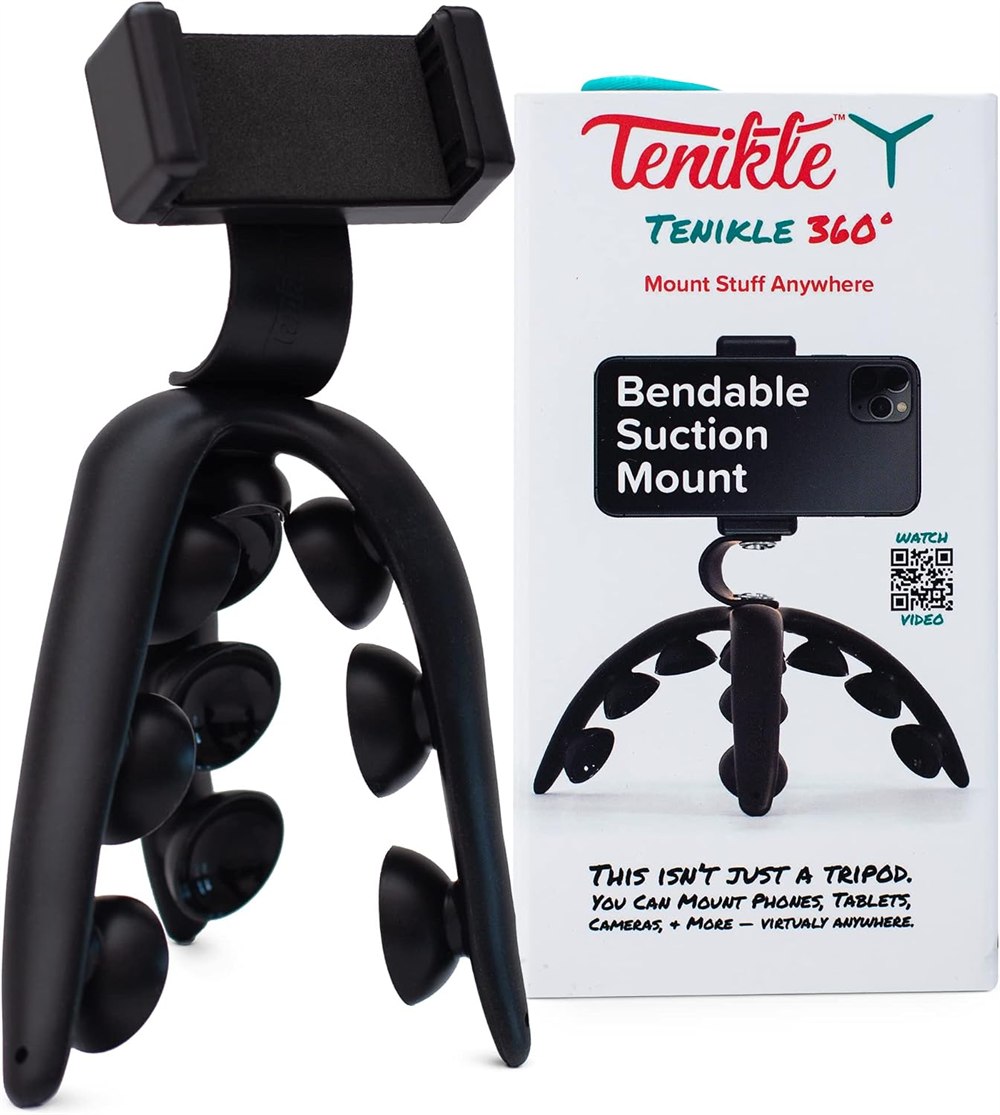 Black Tenikle 360 suction cup tripod next to its product box