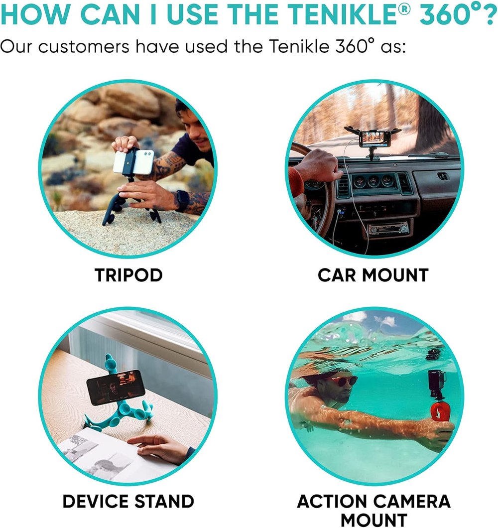 Tenikle 360 shown as tripod, car mount, device stand, and action camera mount