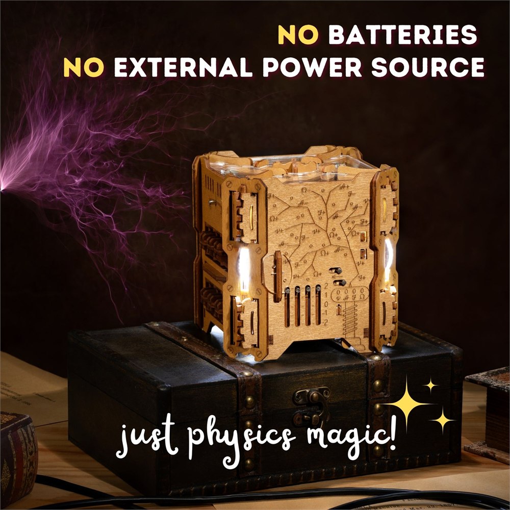 Tesla Box shown with no batteries or external power source needed