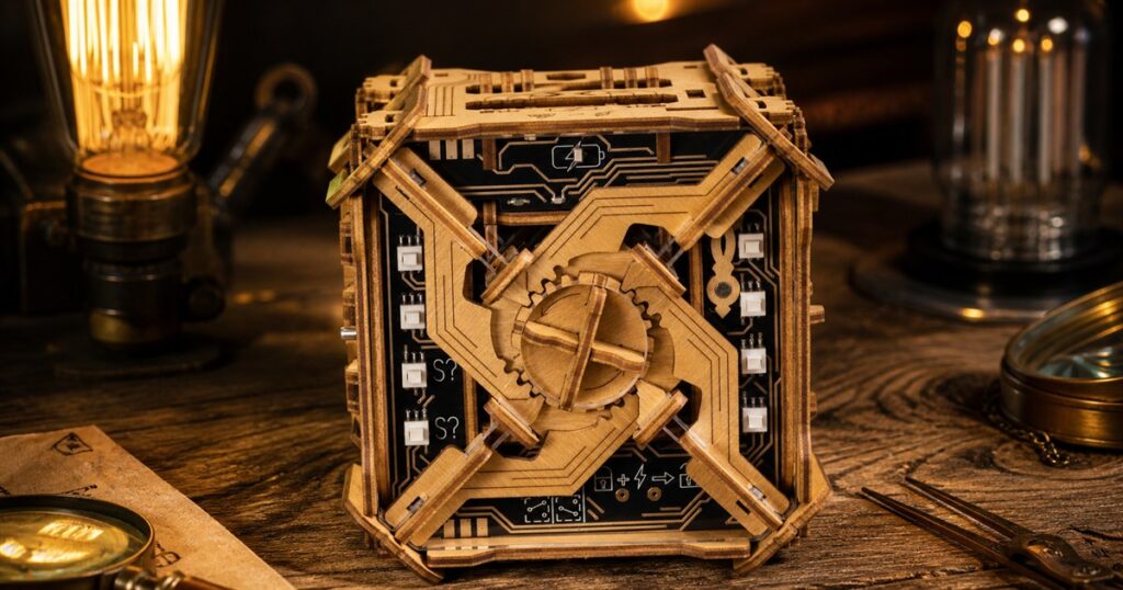 Tesla Box electronic puzzle gift box on a warm tabletop