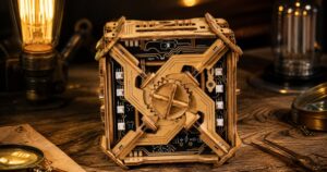 Tesla Box electronic puzzle gift box on a warm tabletop