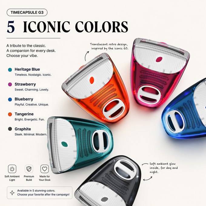 Top and rear views of the five TIMECAPSULE G3 translucent colors