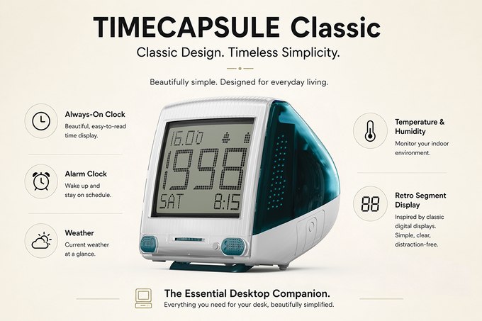 TIMECAPSULE G3 Classic features including clock alarms weather and humidity