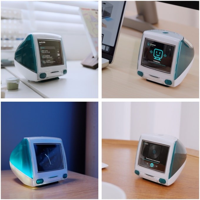 RayCue TIMECAPSULE G3 retro AI desk clock in four desk scenes
