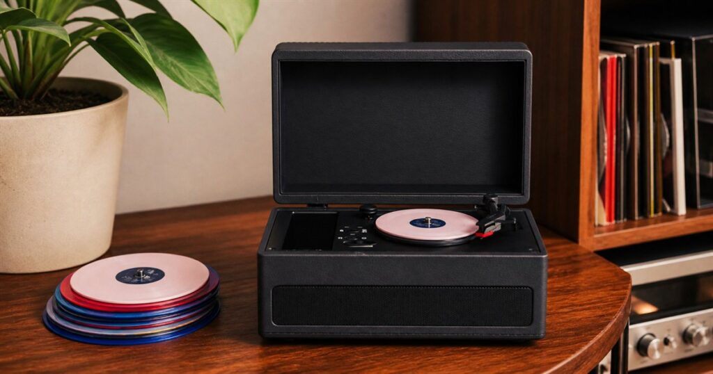 Tiny Vinyl Player mini turntable for four-inch records on a warm tabletop