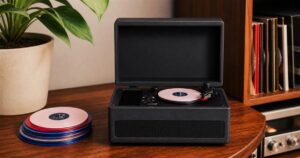 Tiny Vinyl Player mini turntable for four-inch records on a warm tabletop