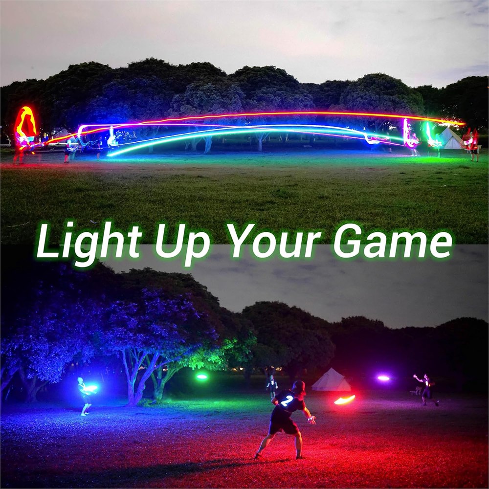 Light trails from the TOSY RGB LED flying disc at night