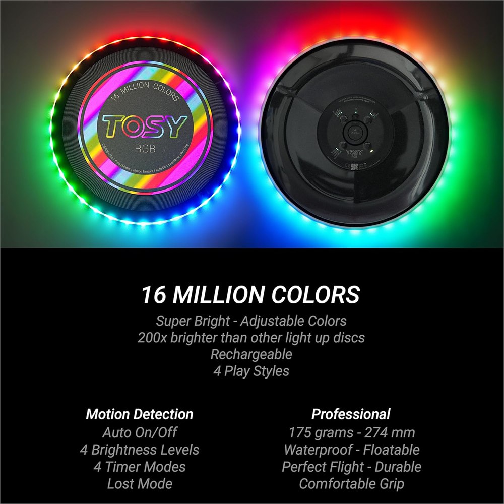 TOSY RGB flying disc feature graphic showing night play