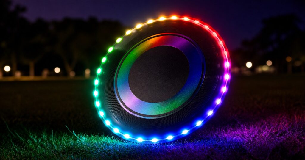 TOSY RGB LED flying disc glowing on grass at night