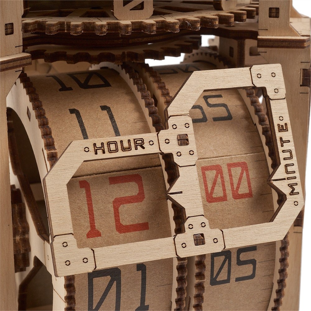 Close view of the UGEARS wooden reel time display and gear teeth