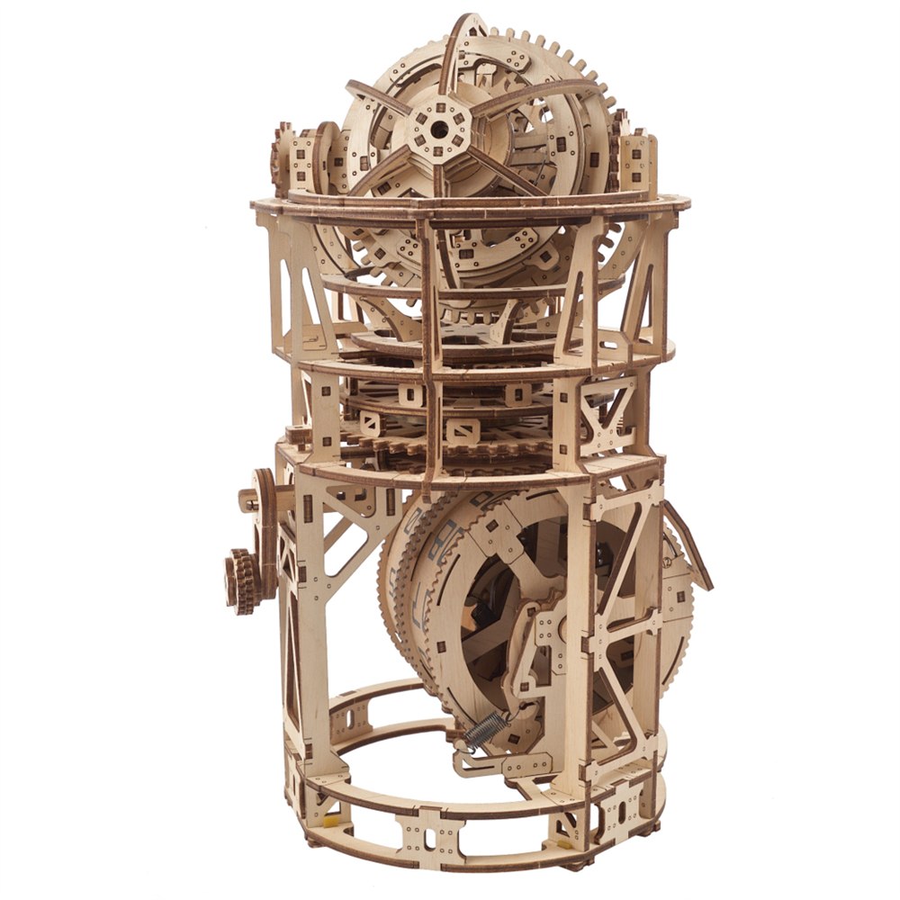 Rear angle of the UGEARS Astronomer tourbillon clock showing the spring mechanism
