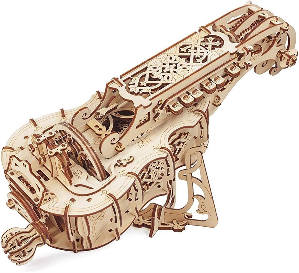 UGEARS wooden hurdy-gurdy model kit assembled on a white background