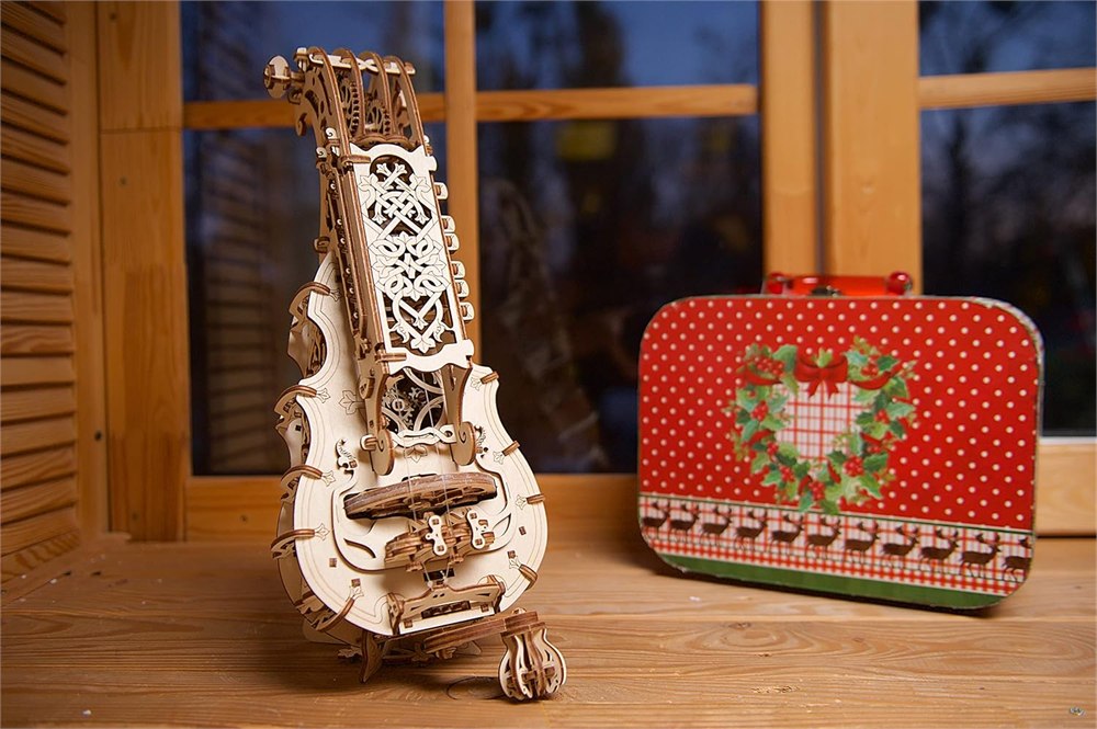 UGEARS hurdy-gurdy wooden model kit box and assembled instrument