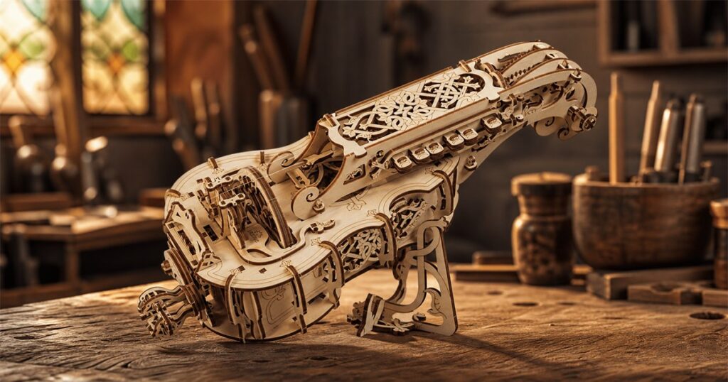 UGEARS wooden hurdy-gurdy model kit on a warm workshop table