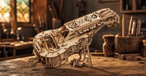 UGEARS wooden hurdy-gurdy model kit on a warm workshop table