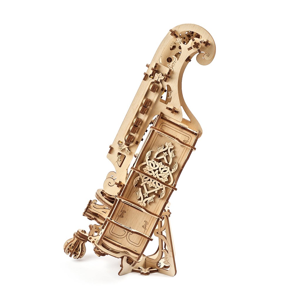 UGEARS Hurdy-Gurdy model kit packaging and wooden instrument pieces