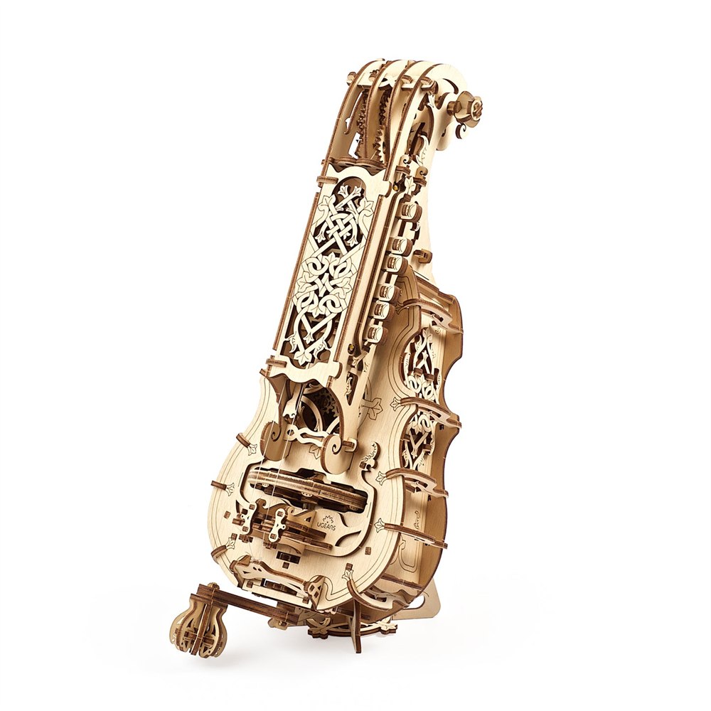 Close view of the UGEARS hurdy-gurdy laser-cut wooden body and keys